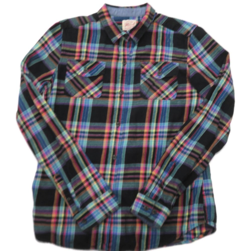 Uniqlo Womens Soft Flannel Button Up Shirt Medium Plaid Black Rainbow Original